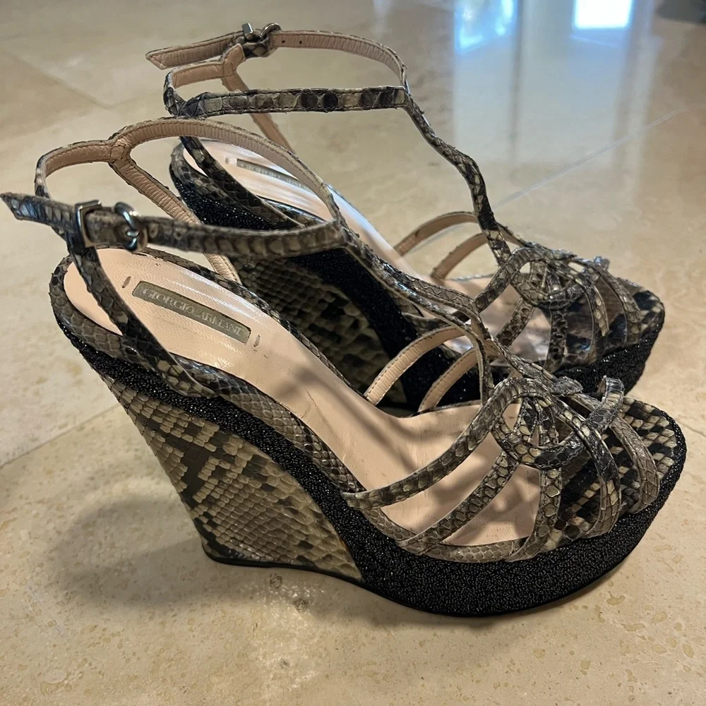 Giorgio Armani snake skin wedge platform sandal in gray and pewter colors